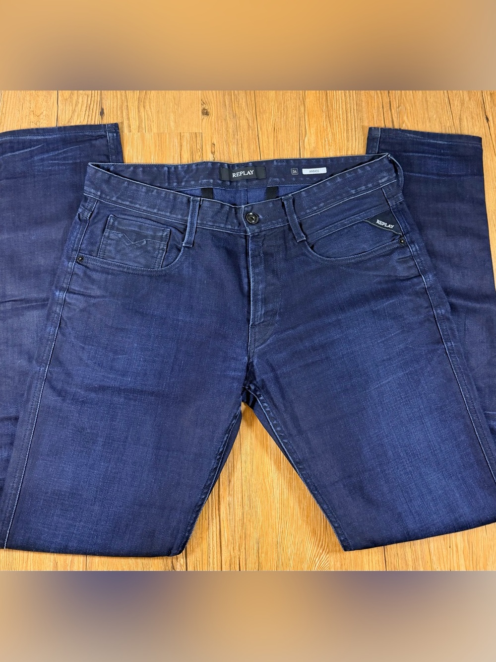 Replay Anbass Men’s Jeans Size 34 Dark Navy Slim Tapered Stretch Denim